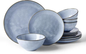 Ocean Round Stoneware Dinnerware Set for 4, Plates and Bowls, Blue Ocean Round Stoneware Dinnerware Set for 4, Plates and Bowls, Blue