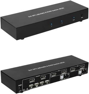 2x1 DP Display Port 1.2 & USB 2.0 KVM Switch Metal Housing w/USB Keyboard, Mouse, Audio & Microphone Port w/Power Adapter - Black (61019) 2x1 DP Display Port 1.2 & USB 2.0 KVM Switch Metal Housing w/USB Keyboard, Mouse, Audio & Microphone Port w/Power Adapter - Black (61019)