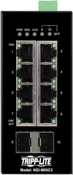 Tripp Lite Industrial 8-Port Managed Gigabit Ethernet Switch, 2 SFP GbE Slots, 10/100/1000 Megabit RJ45 Ports, -40° to 167°F Temperature Range, 3-Year Manufacturer's Warranty (NGI-M08C2) Tripp Lite Industrial 8-Port Managed Gigabit Ethernet Switch, 2 SFP GbE Slots, 10/100/1000 Megabit RJ45 Ports, -40° to 167°F Temperature Range, 3-Year Manufacturer's Warranty (NGI-M08C2)