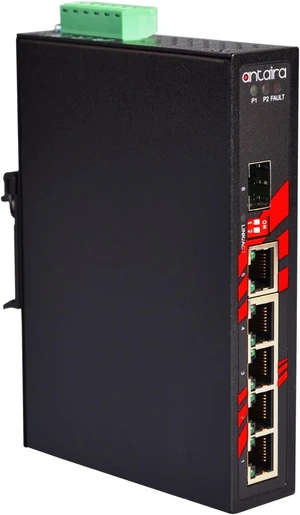 Antaira LNX-0601G-SFP-T Industrial-Grade 6-Port Unmanaged Gigabit Ethernet Switch, 1 SFP Slot, DIN-Rail Mount, -40 to 75°C Operating Temperature, Redundant 12 to 48 VDC Power Input Antaira LNX-0601G-SFP-T Industrial-Grade 6-Port Unmanaged Gigabit Ethernet Switch, 1 SFP Slot, DIN-Rail Mount, -40 to 75°C Operating Temperature, Redundant 12 to 48 VDC Power Input