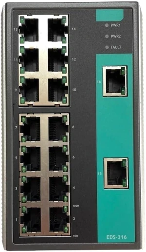 EDS-316 Industrial Non-Managed Ethernet Switch, 16-Port 10/100BaseT(X), DIN Rail Mount EDS-316 Industrial Non-Managed Ethernet Switch, 16-Port 10/100BaseT(X), DIN Rail Mount