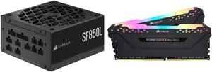 CORSAIR SF850L Fully Modular Low-Noise SFX Power Supply - ATX 3.0 PCIe 5.0 Compliant - Quiet 120mm PWM Fan - 80 PLUS Gold Efficiency - Zero RPM Mode - 105°C-Rated Capacitors and CORSAIR Vengeance RGB Pro 64GB (2 x 32GB) 288-Pin PC RAM DDR4
