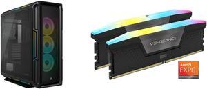 Corsair iCUE 5000T RGB CC-9011230-WW Black Computer Case and CORSAIR Vengeance RGB 32GB (2 x 16GB) 288-Pin PC RAM DDR5 6000 (PC5 48000) XMP 3.0 AMD EXPO Desktop Memory Model CMH32GX5M2B6000Z30K