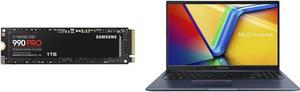 SAMSUNG SSD 990 PRO 1TB PCIe 4.0 M.2 2280 Seq. Read Speeds Up-to 7450MB/s (MZ-V9P1T0B/AM) and ASUS Vivobook 15 Laptop 15.6” FHD Display AMD Ryzen 5 5600H CPU AMD Radeon GPU 16GB RAM 512GB SSD Windows 11 Home Quiet Blue M1502QA-NB54