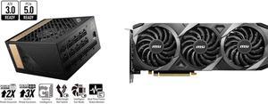 MSI- MEG Ai1000P PCIE 5.0 80 PLATINUM Full Modular Gaming PSU 12VHPWR Cable 4080 4090 ATX 3.0 Compatible 1000W Power Supply and MSI Ventus GeForce RTX 3060 Video Card RTX 3060 Ventus 3X 12G OC
