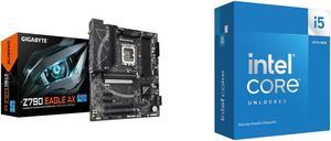 GIGABYTE Z790 EAGLE AX LGA 1700 Intel Z790 ATX Motherboard with DDR5, M.2, PCIe 5.0, USB 3.2 Gen2X2 Type-C, Intel Wi-Fi 6E, 2.5GbE LAN, Q-Flash Plus, EZ-Latch Intel Core i5-14600KF - Core i5 14th Gen 14-Core (6P+8E) LGA 1700 125W None Integ