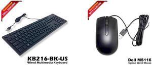 Dell QWERTY USB Wired Keyboard Black KB216-BK-US RKR0N Dell MS116 Wired Optical Mouse Comfortable Ergonomic Design Black