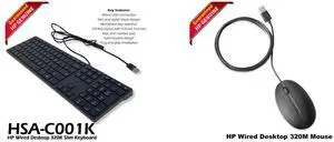 HP Smart Buy Wired 320K Slim Keyboard Black 108 Keys USB-A HSA-C001K L96909-001 HP Wired Desktop 320M Optical USB Scroll Mouse Black L96910-001