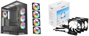 SAMA V50 Black Mid Tower PC Case, 4x120mm ARGB PWM Fan Pre-Install for Efficient Cooling, Compatible ATX/MATX/ITX Motherboards and Back-Connect Design Supports 360mm Water Cooling and 40 Series GPU SAMA SF100 3 in1 Case Fans 120mm 12V 3Pin