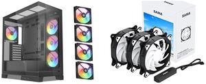 SAMA V50 Black Mid Tower PC Case, 4x120mm ARGB PWM Fan Pre-Install for Efficient Cooling, Compatible ATX/MATX/ITX Motherboards and Back-Connect Design Supports 360mm Water Cooling and 40 Series GPU SAMA SF200 3 in 1 Case Fans with Fan Hub 4