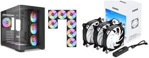 SAMA V60 PC Case, Mid-Tower Computer Case, A Curved Tempered Glass, 7 Pre-Installed ARGB PWM Fans and Fan Hub, USB Type-C, ATX/MATX/ITX Back-Connect Support, 360mm Liquid Cooler Compatible, Black SAMA SF200 3 in 1 Case Fans with Fan Hub 4Pi