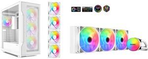 SAMA S40 White ATX Mid Tower Case - High Airflow, 4x 120mm ARGB PWM Fans, Tempered Glass, Mesh Front, Type-C, Supports ATX/M-ATX/ITX & 4090 GPUs - Computer Case SAMA SI360 Liquid CPU Cooler 360mm Addressable RGB Pump PWM & FDB Fans AIO Wate