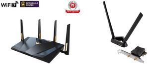 ASUS RT-BE88U Dual-band WiFi 7 AiMesh Extendable Performance Router, 4K-QAM, MLO, Dual 10G ports, SFP+, Four 2.5G ports, Four 1G ports, 34G WAN/LAN capacity, Subscription-free network security ASUS PCE-BE92BT WiFi 7 PCI-E Adapter