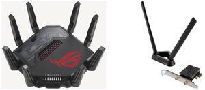 ASUS ROG Rapture GT-BE98 PRO First Quad-Band WiFi 7 Gaming Router supports 320MHz, Dual 10G Port, Triple-level Game Acceleration, Mobile Game Mode, Subscription-Free Security, AiMesh, and VPN features ASUS PCE-BE92BT WiFi 7 PCI-E Adapter