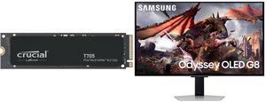 Crucial T705 1TB PCIe Gen5 NVMe M.2 SSD - Up to 13,600 MB/s - Game Ready - Internal Solid State Drive (PC) - +1mo Adobe CC - CT1000T705SSD3 Samsung 32" Odyssey G8 4K OLED  UHD 240Hz 0.03ms Smart Gaming Monitor Glare Free, G-Sync compatible
