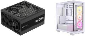 CORSAIR RMx Series RM1000x ATX Power Supply - Fully Modular - ATX 3.1 - PCIe 5.1 - Cybenetics Gold - Low-Noise - Japanese Capacitors - 1000 Watts CORSAIR 3500X ARGB Tempered Glass Mid-Tower PC Case, White – 3x Pre-Installed RS120 ARGB Fans