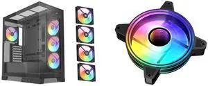 SAMA V50 Black Mid Tower PC Case, 4x120mm ARGB PWM Fan Pre-Install for Efficient Cooling, Compatible ATX/MATX/ITX Motherboards and Back-Connect Design Supports 360mm Water Cooling and 40 Series GPU SAMA 6CF1202I Series, ARGB 120mm Fan, Extr