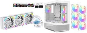 SAMA Q60 White CPU Liquid Cooler, 360MM Liquid Water Cooling with 2.8" LCD Display & XT120 Modular Fans LCP Blade for Enhanced Cooling and Noise Reduction, Compatible 115X, 2011, 1200, 1700, AM4, AM5 SAMA V40 White ATX Mid Tower PC Case, 6