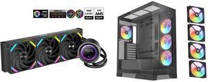 SAMA Q60 Black CPU Liquid Cooler, 360MM Liquid Water Cooling with 2.8" LCD Display & XT120 Modular Fans LCP Blade for Enhanced Cooling and Noise Reduction, Compatible 115X, 2011, 1200, 1700, AM4, AM5 SAMA V50 Black Mid Tower PC Case, 4x120m
