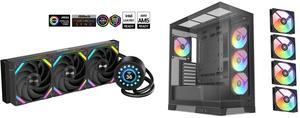SAMA Q70 Black CPU Liquid Cooler, 360MM Liquid Water AIO CPU Cooler with 2.8" LCD Display, Magnetic Detachable, XT120 Modular Fans LCP Blade, Bonus Stands, 115X, 2011, 1200, 1700, AM4, AM5 AIO Cooler SAMA V50 Black Mid Tower PC Case, 4x120m