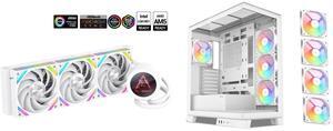 SAMA Q70 White CPU Liquid Cooler, 360MM Liquid Water AIO CPU Cooler with 2.8" LCD Display, Magnetic Detachable, XT120 Modular Fans LCP Blade, Bonus Stands, 115X, 2011, 1200, 1700, AM4, AM5 AIO Cooler SAMA V50 White Mid Tower PC Case, 4x120m