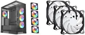 SAMA V50 Black Mid Tower PC Case, 4x120mm ARGB PWM Fan Pre-Install for Efficient Cooling, Compatible ATX/MATX/ITX Motherboards and Back-Connect Design Supports 360mm Water Cooling and 40 Series GPU SAMA SF200 3 in 1 Case Fans with Fan Hub 4