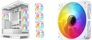 SAMA V50 White Mid Tower PC Case, 4x120mm ARGB PWM Fan Pre-Install for Efficient Cooling, Compatible ATX/MATX/ITX Motherboards and Back-Connect Design Supports 360mm Water Cooling and 40 Series GPU SAMA YH1204 ARGB 120mm Reverse Case Fans 5