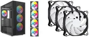 SAMA S40 Black ATX Mid Tower Case - High Airflow, 4x 120mm ARGB PWM Fans, Tempered Glass, Mesh Front, Type-C, Supports ATX/M-ATX/ITX & 4090 GPUs - Computer Case SAMA SF200 3 in 1 Case Fans with Fan Hub 4Pin PWM 120mm PC Fan 12v High Airflow
