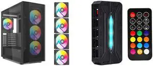 SAMA S40 Black ATX Mid Tower Case - High Airflow, 4x 120mm ARGB PWM Fans, Tempered Glass, Mesh Front, Type-C, Supports ATX/M-ATX/ITX & 4090 GPUs - Computer Case SAMA 20-Port Case Fan Hub with Remote, SATA Power 10-Port 4-Pin PWM Fan Speed a