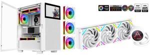 SAMA V-play ATX Mid Tower High-end Gaming Computer PC Case With 8-inch LCD Display, Tempered Glass Side Panels, Supports Multiple Cooling Configurations White SAMA Q70 White CPU Liquid Cooler, 360MM Liquid Water AIO CPU Cooler with 2.8" LCD