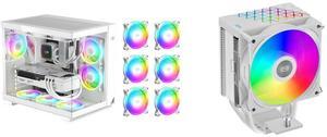 PCCOOLER CPS C3 T500 ARGB WH PC Case, Dual-Chamber Mid-Tower ATX Case, Desktop Computer Case w/ 6 ARGB Fans Pre-installed w/ Fan Hub, Column-Free Design, Tempered Glass, USB 3.1 Gen 2 Type-C, White PCCOOLER CPS R400 ARGB WH CPU Air Cooler,