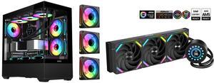 SAMA SV02 ATX Computer Gaming PC Case Mid Tower Black with 3 ARGB Fans Pre-Installed, Tempered Glass Transparent Side Panel,BTF Back Plug Motherboard Design SAMA Q70 Black CPU Liquid Cooler, 360MM Liquid Water AIO CPU Cooler with 2.8" LCD D