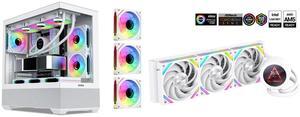 SAMA SV02 Dual USB3.0 and Type C Tempered Glass ATX Mid Tower Gaming PC Computer Case, 3 Addressable RGB Fans Pre-Installed, Support BTF Back Plug Motherboard SAMA Q70 White CPU Liquid Cooler, 360MM Liquid Water AIO CPU Cooler with 2.8" LCD