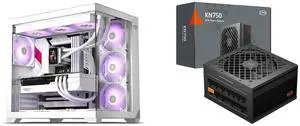 PCCOOLER CPS C3 T700 ARGB PC Case, 4 x 120mm ARGB Fans Included, Dual-Chamber Mid-Tower ATX Case, High-Airflow Computer Case, BTF Motherboard Supports, Sturdy Tempered Glass Front & Side Panels, White PCCOOLER CPS KN750 Fully Modular Power