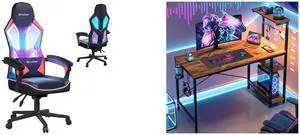 Bestier RGB LED Gaming Chair with Pocket Spring Cushion and  Adjustable Lumbar Support, Ergonomic Breathable Fabric Computer Office Chair, Black/ Red Bestier 44 in Rectangular Gaming Desk with RGB LED Lights Computer Desk with 4 Tier Storag