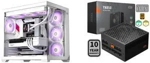 PCCOOLER CPS C3 T700 ARGB PC Case, 4 x 120mm ARGB Fans Included, Dual-Chamber Mid-Tower ATX Case, High-Airflow Computer Case, BTF Motherboard Supports, Sturdy Tempered Glass Front & Side Panels, White PCCOOLER CPS YN850 Fully Modular Power