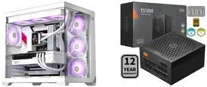 PCCOOLER CPS C3 T700 ARGB PC Case, 4 x 120mm ARGB Fans Included, Dual-Chamber Mid-Tower ATX Case, High-Airflow Computer Case, BTF Motherboard Supports, Sturdy Tempered Glass Front & Side Panels, White PCCOOLER CPS YS1000 Fully Modular Power