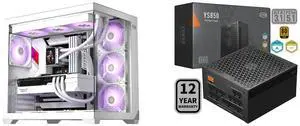PCCOOLER CPS C3 T700 ARGB PC Case, 4 x 120mm ARGB Fans Included, Dual-Chamber Mid-Tower ATX Case, High-Airflow Computer Case, BTF Motherboard Supports, Sturdy Tempered Glass Front & Side Panels, White PCCOOLER CPS YS850 Fully Modular Power
