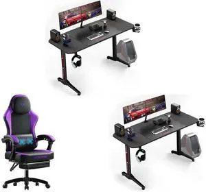 2 x Vitesse 55 inch Gaming Desk, Ergonomic Office PC Computer Desk with Full Desk Mouse Pad, T-Shaped Gamer Tables Pro with Gaming Handle Rack, Stand Cup Holder&Headphone Hook VITESSE Ergonomic Gaming Chair for Adults, 400 lbs PC Computer C