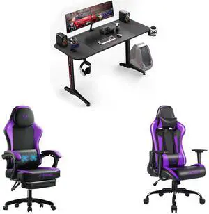 Vitesse 55 inch Gaming Desk, Ergonomic Office PC Computer Desk with Full Desk Mouse Pad, T-Shaped Gamer Tables Pro with Gaming Handle Rack, Stand Cup Holder&Headphone Hook VITESSE Ergonomic Gaming Chair for Adults, 400 lbs PC Computer Chair