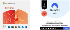 Microsoft 365 Personal | 12-Month Subscription, 1 person | Premium Office apps - now with Copilot | 1TB OneDrive cloud storage | PC/Mac Download NordVPN Basic, Premium VPN Service - 10 Devices /1 Year- Download