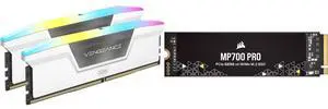 CORSAIR Vengeance RGB 32GB (2 x 16GB) 288-Pin PC RAM DDR5 6000 (PC5 48000) Desktop Memory Model CMH32GX5M2E6000C36W CORSAIR MP700 PRO 2TB PCIe Gen5 x4 NVMe 2.0 M.2 SSD – High-Density TLC NAND – M.2 2280  CSSD-F2000GBMP700PNH– DirectStorage