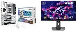 ASUS X870 AYW GAMING WIFI W AMD X870 AM5 ATX motherboard, 12+2+1 80A DrMOS power stages, DDR5, PCIe 5.0 Ready, PCIe 5.0 x16, 3x M.2, Wi-Fi 6, 2.5Gb LAN, HDMI, USB4, USB 20Gbps Type-C, Aura Sync ASUS ROG Strix 27" 4K QD-OLED Gaming Monitor (