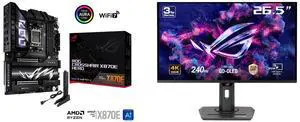 ASUS ROG CROSSHAIR X870E HERO AMD X870E AM5 ATX motherboard, Advanced AI PC ready, 18+2+2 power stages, DDR5, PCIe 5.0, 5x M.2, Wi-Fi 7, USB4, AI Overclocking, Core Flex, PCIe Slot Q-Release Slim ASUS ROG Strix 27" 4K QD-OLED Gaming Monitor