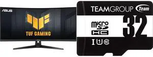 ASUS TUF Gaming 34" Ultra-wide Curved Monitor (VG34VQ3B) - 21:9 QHD (3440x1440), 180Hz, 1ms, Extreme Low Motion Blur Sync, FreeSync Premium, Speaker, 90% DCI-P3, DisplayWidget Center Team 32GB microSDHC UHS-I/U1 Class 10 Memory Card with Ad