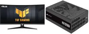 ASUS TUF Gaming 34" Ultra-wide Curved Monitor (VG34VQ3B) - 21:9 QHD (3440x1440), 180Hz, 1ms, Extreme Low Motion Blur Sync, FreeSync Premium, Speaker, 90% DCI-P3, DisplayWidget Center CORSAIR HX1200i Fully Modular Ultra-Low Noise ATX Power S