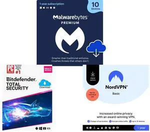 Malwarebytes Premium Security - 10 Devices / 1 Year - Download Bitdefender Total Security 2025 - 10 Devices / 1 Year - Download NordVPN Basic, Premium VPN Service - 10 Devices /1 Year- Download