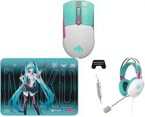 ASUS TUF Gaming Mini Wireless Mouse Hatsune Miku Edition ASUS TUF Gaming P1 Hatsune Miku Edition 360x260mm Gaming Mouse Pad ASUS TUF GAMING H1 GEN II HATSUNE MIKU EDITION, Wired Gaming Headset with 40 mm ASUS Essence Drivers, Virtual 7.1 su