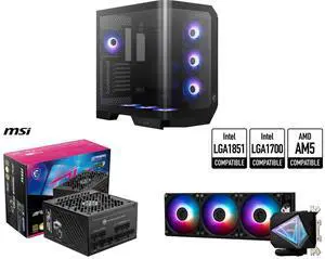 Computer Case PSU CPU Cooler Combo -  MSI MAG PANO 120R PZ Bundle with  MSI MPG A1000GS PCIE5  and MSI MAG CORELIQUID I360