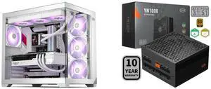 PCCOOLER CPS C3 T700 PC Case, Dual-Chamber Mid-Tower ATX Case, High-Airflow Computer Case, BTF Motherboard Supports, Sturdy Tempered Glass Front & Side Panels, White (Fans Not Included) PCCOOLER CPS YN1000 Fully Modular Power Supply, 80 PLU